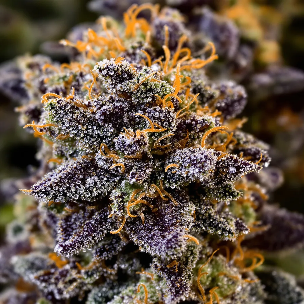 Primer plano de cogollo de cannabis Afghan Skunk mostrando cálices densos con tonos morados