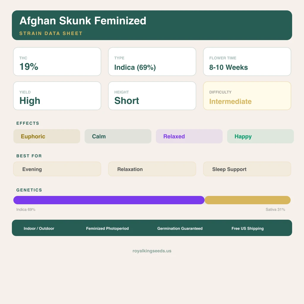 Afghan Skunk 69% indica / 31% sativa — flor con tricomas visibles