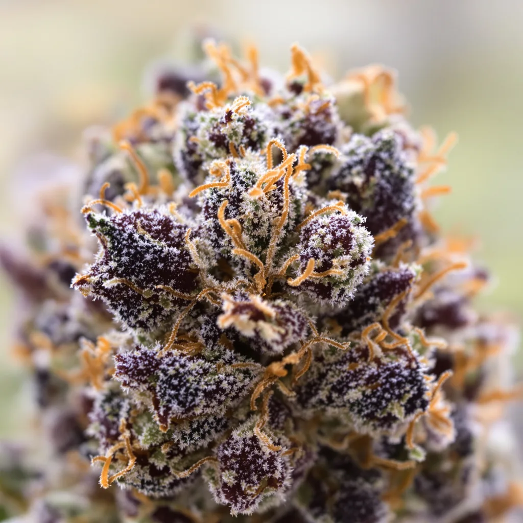 Primer plano de cogollo de cannabis Afghani mostrando cálices densos con tonos morados