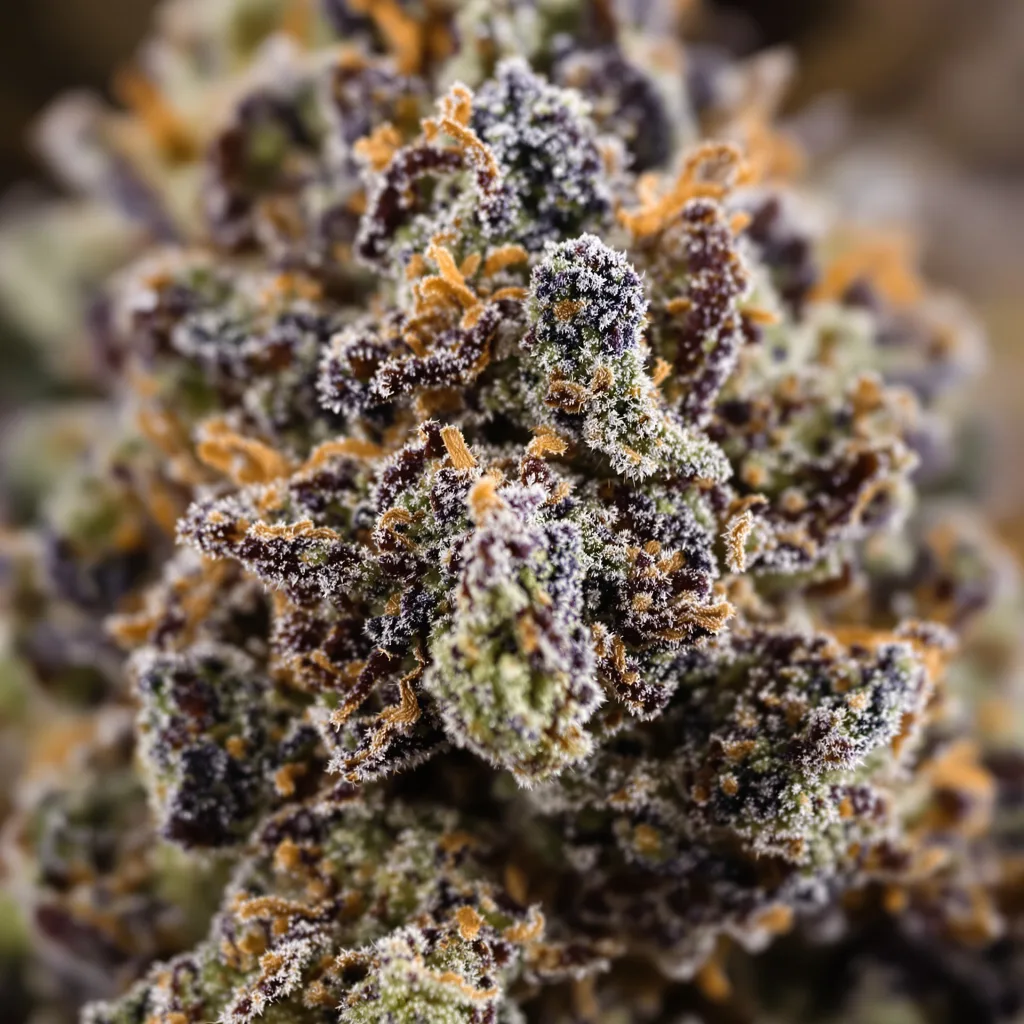 Primer plano de cogollo de cannabis Afghani Bullrider mostrando cálices densos con tonos morados