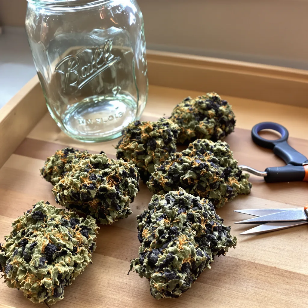 Afghani Bullrider 70% indica / 30% sativa — flor con tricomas visibles