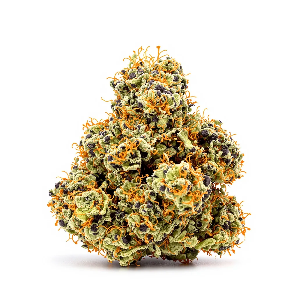 Afghani Bullrider 70% indica / 30% sativa — flor con tricomas visibles