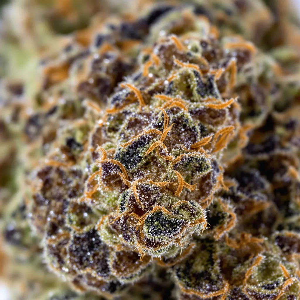 Primer plano de cogollo de cannabis Afghani mostrando cálices densos con tonos morados