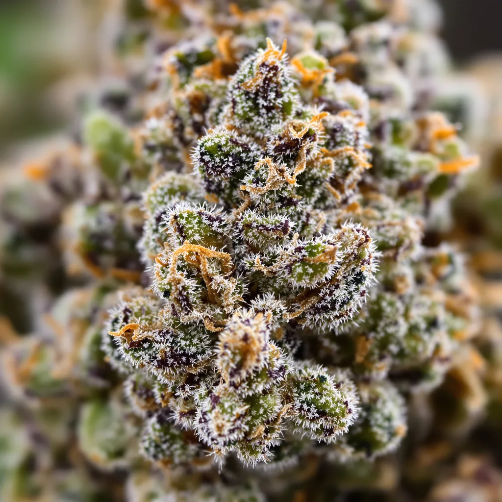 Primer plano de cogollo de cannabis Afgooey mostrando cálices densos con tonos morados