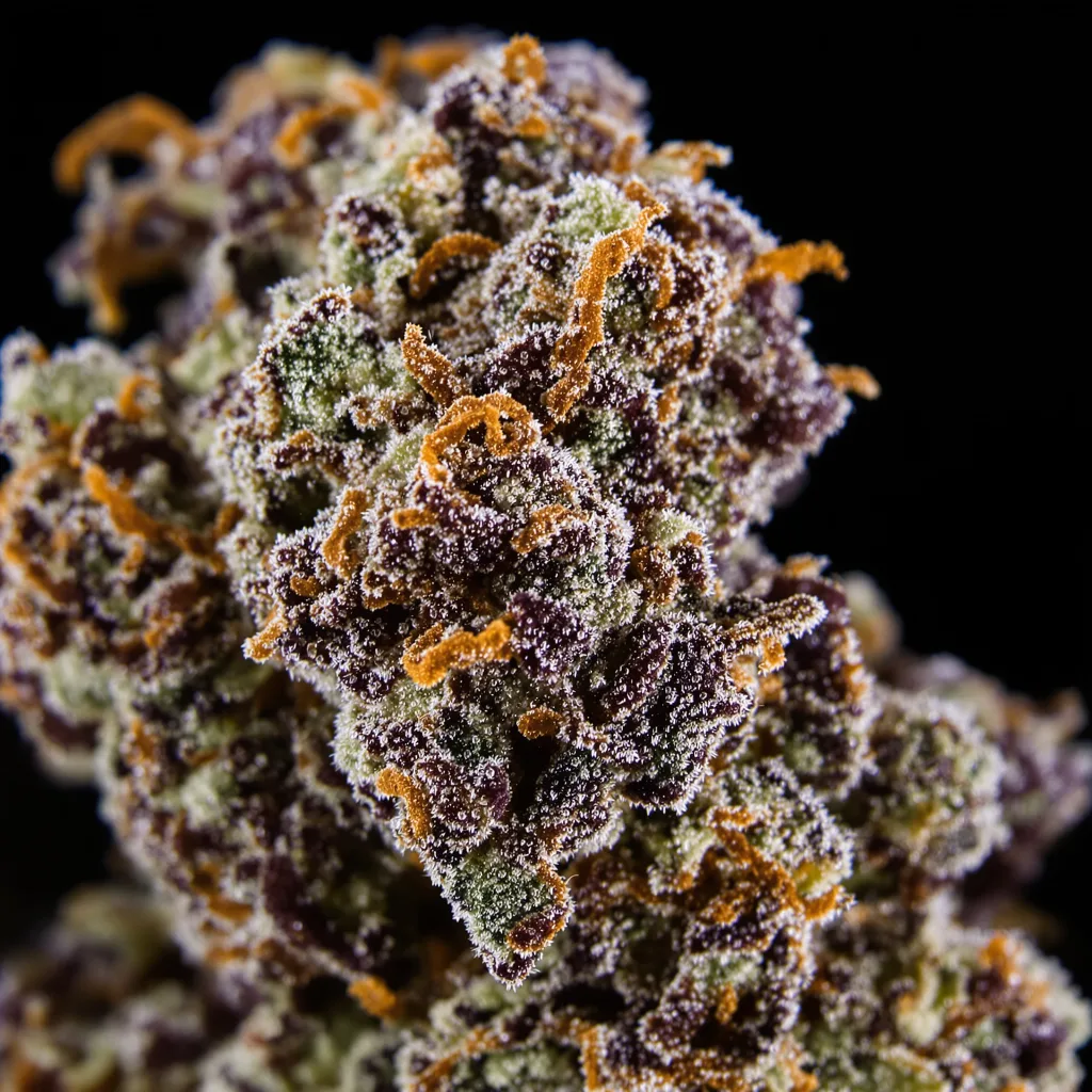 Primer plano de cogollo de cannabis Afgooey mostrando cálices densos con tonos morados