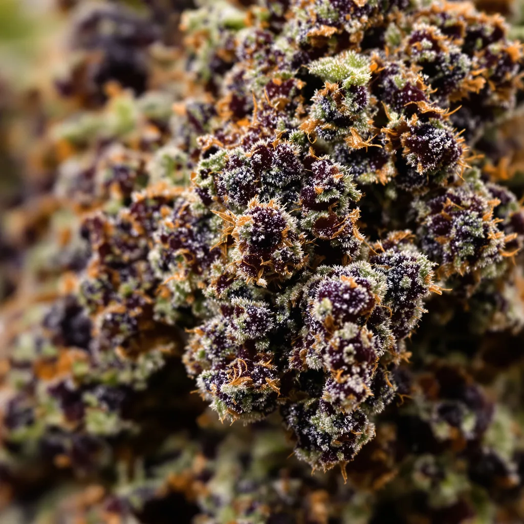 Primer plano de cogollo de cannabis Afpak mostrando cálices densos con tonos morados