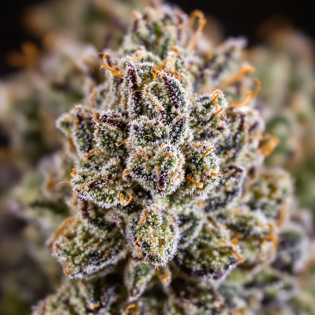 Primer plano de cogollo de cannabis Afwreck mostrando estructura equilibrada con tricomas escarchados