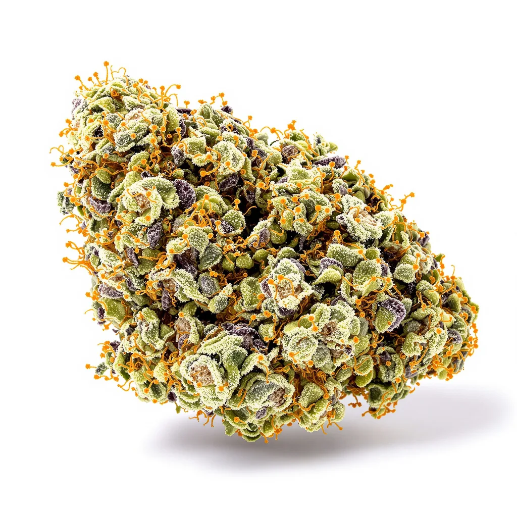 Agent Orange 61% indica / 39% sativa — flor con tricomas visibles