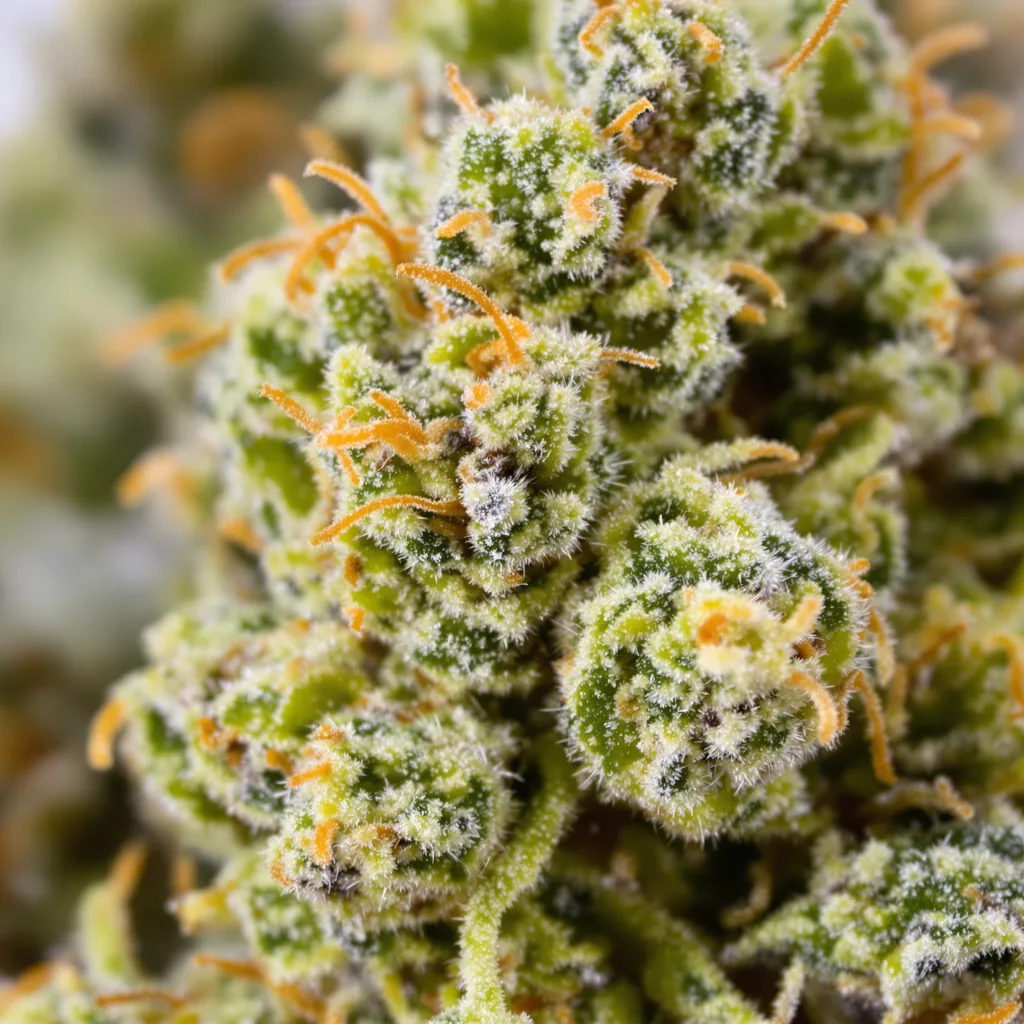Primer plano de cogollo de cannabis Agent Tangie mostrando estructura aireada verde lima