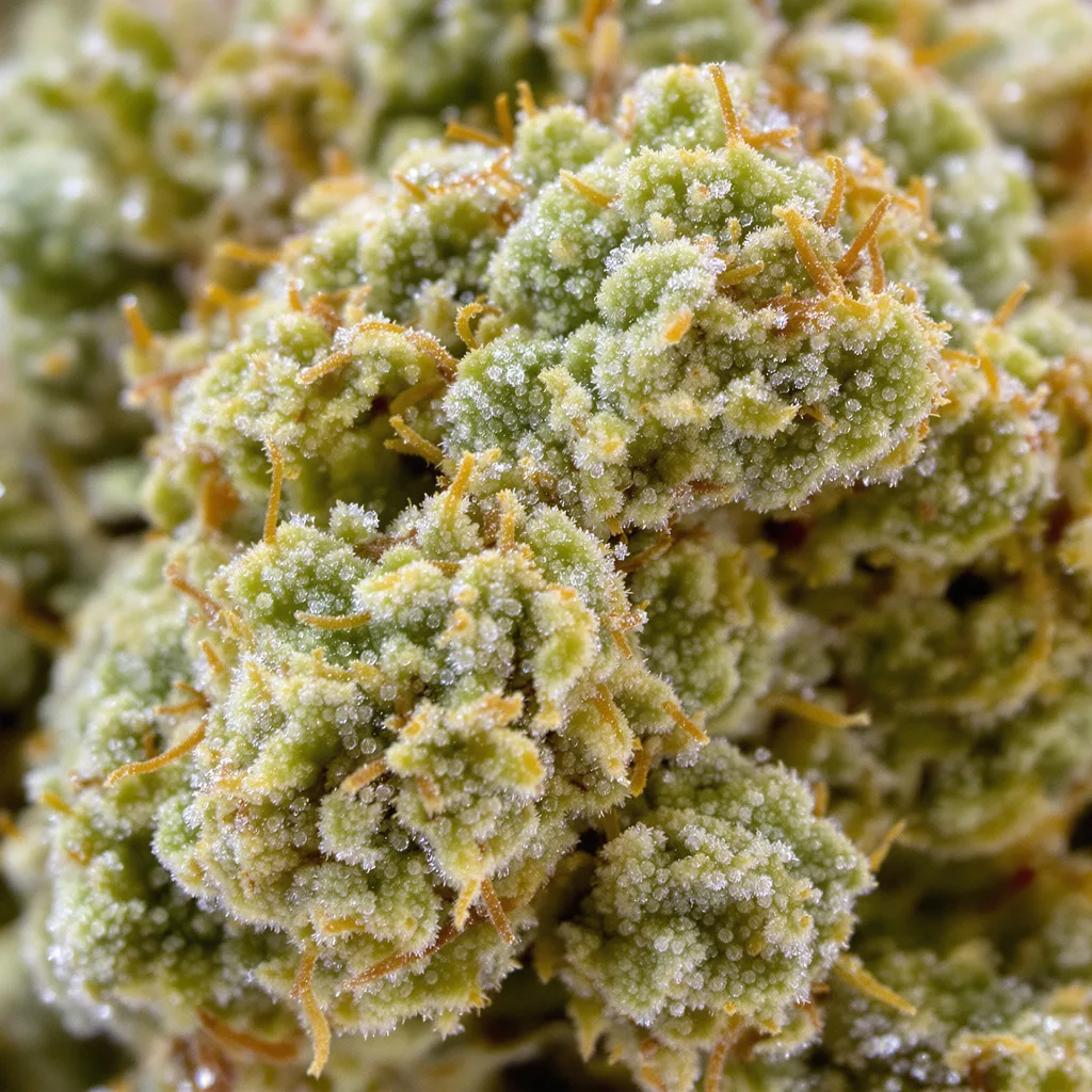 Primer plano de cogollo de cannabis Agent Tangie mostrando estructura aireada verde lima