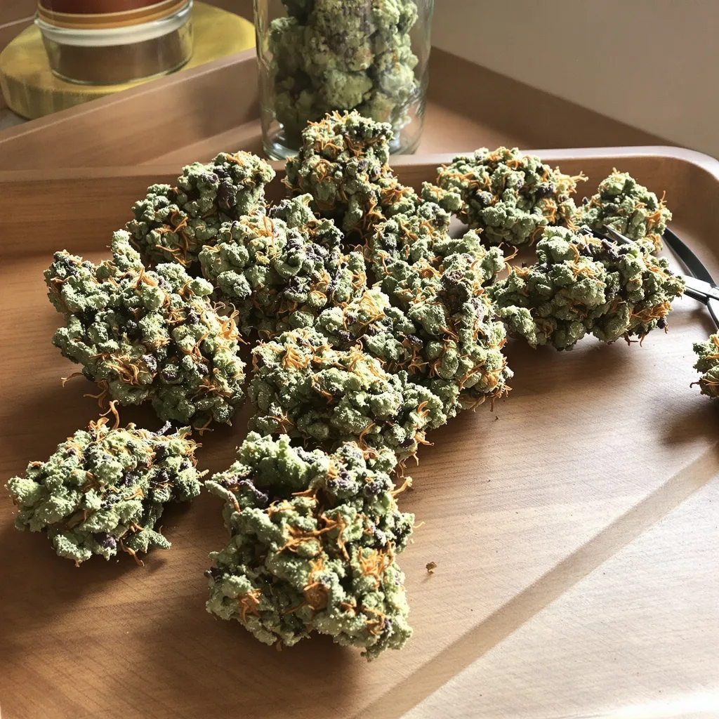 AK-47 48% indica / 52% sativa — flor con tricomas visibles