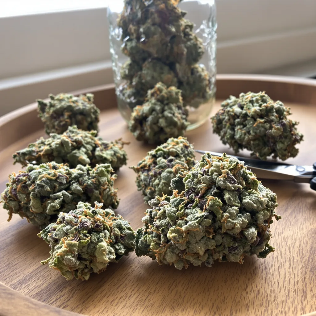 AK-48 51% indica / 49% sativa — flor con tricomas visibles