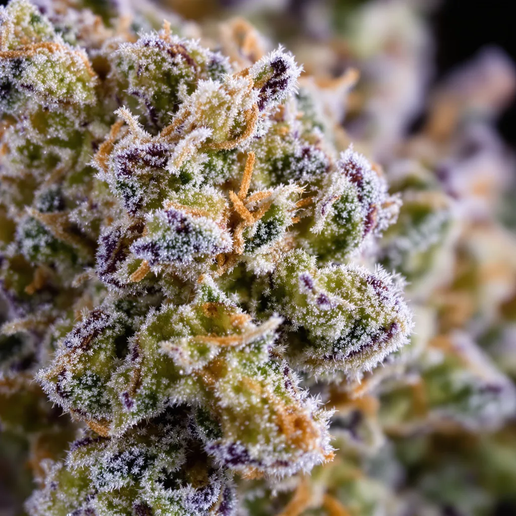 Primer plano de cogollo de cannabis AK-48 mostrando estructura equilibrada con tricomas escarchados