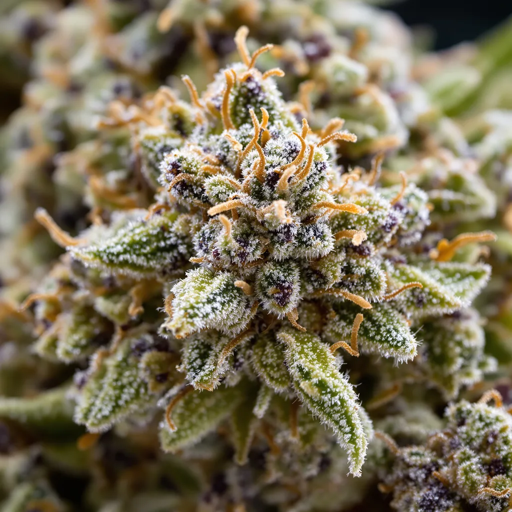 Primer plano de cogollo de cannabis AK-48 mostrando estructura equilibrada con tricomas escarchados