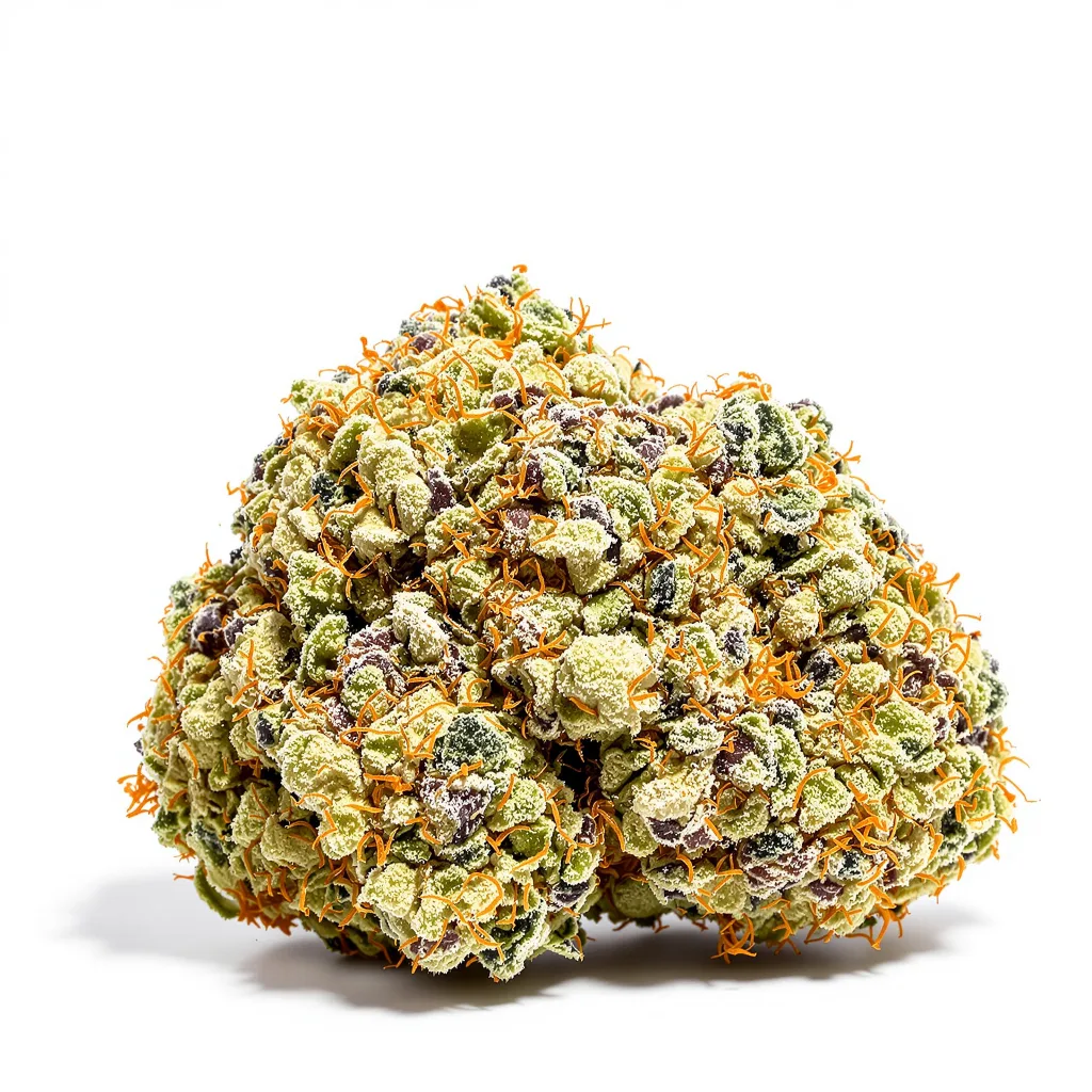 AK-48 51% indica / 49% sativa — flor con tricomas visibles