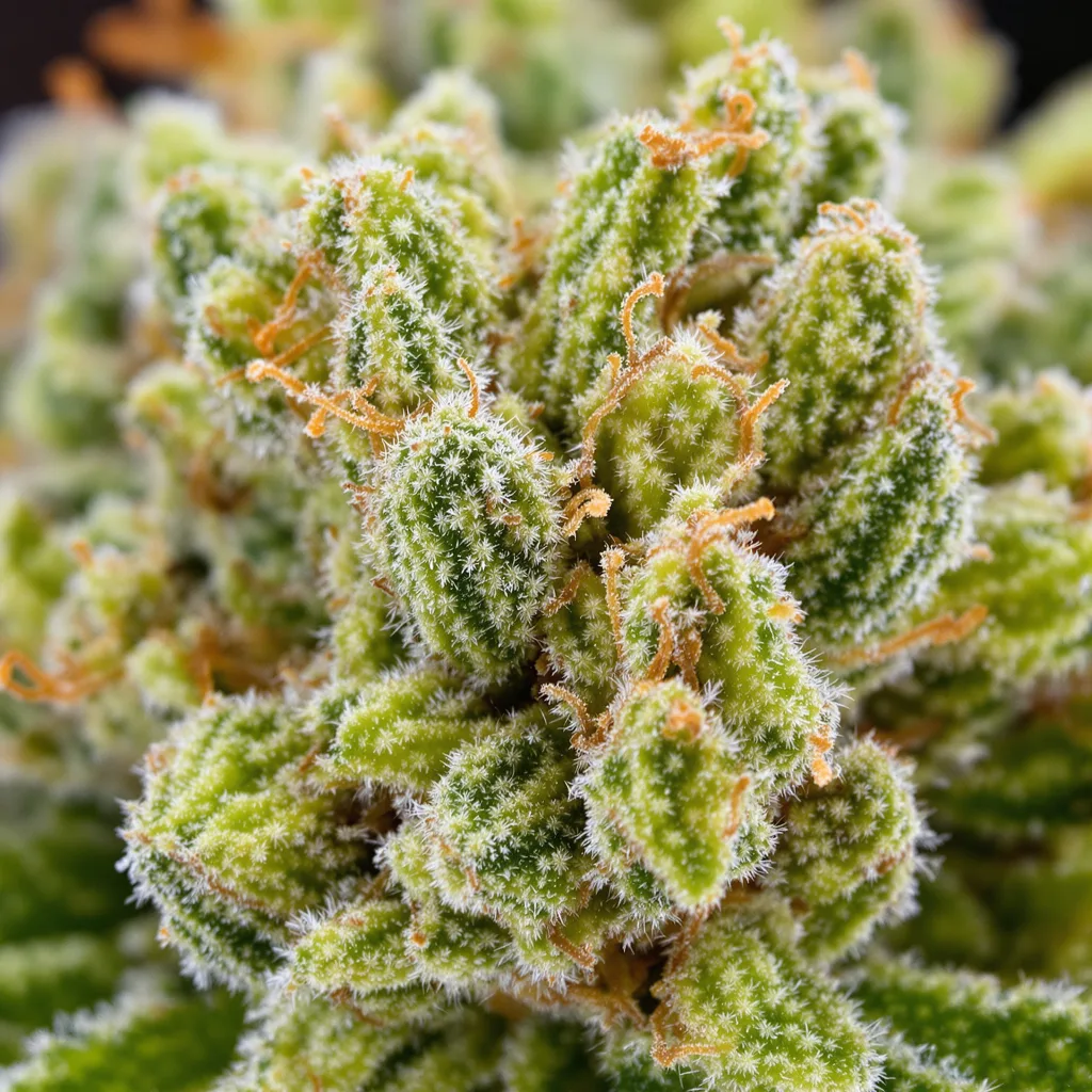 Primer plano de cogollo de cannabis AK mostrando estructura aireada verde lima