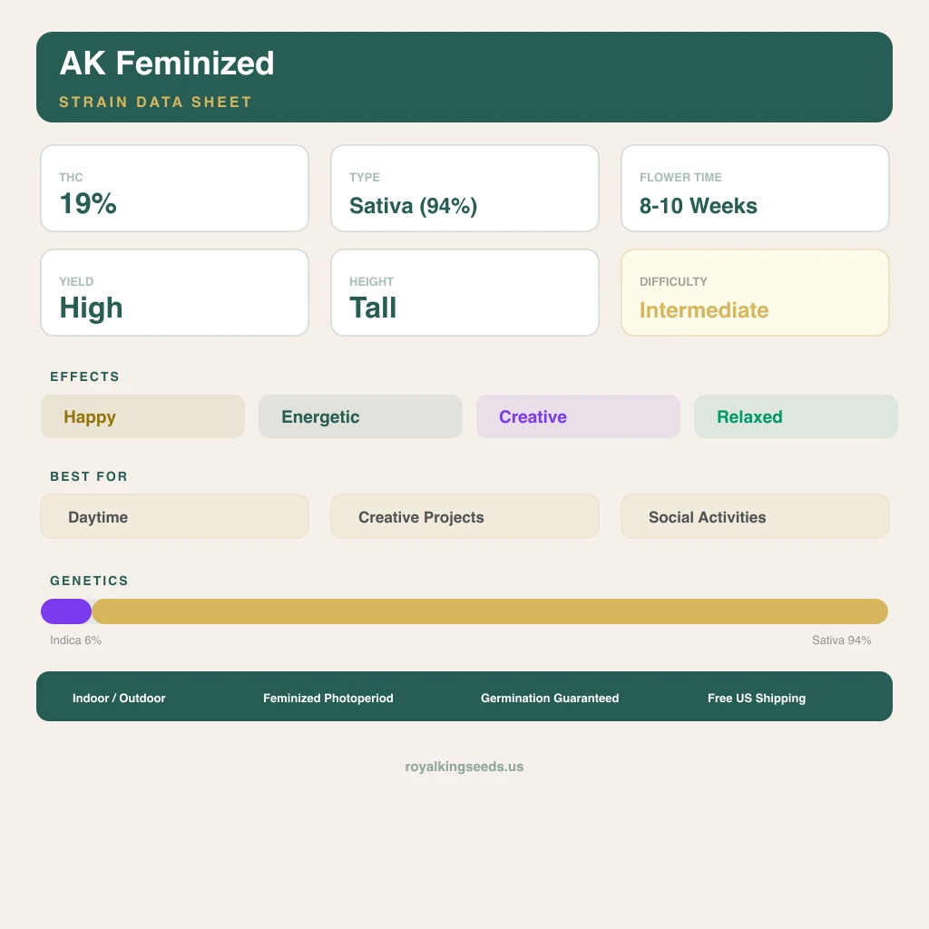AK 6% indica / 94% sativa — flor con tricomas visibles