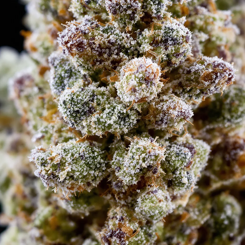 Primer plano de cogollo de cannabis Alaska Thunderfuck mostrando estructura equilibrada con tricomas escarchados