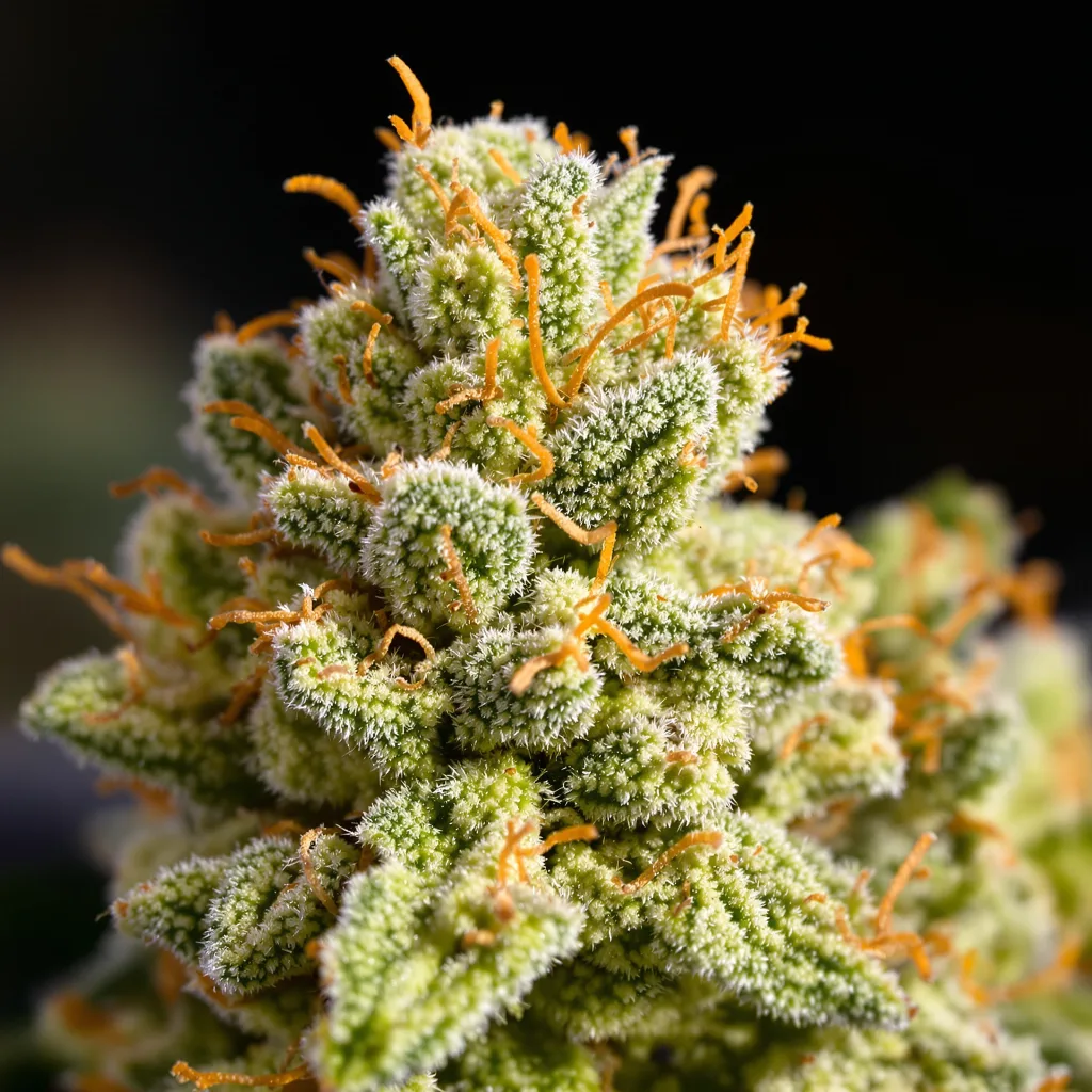 Primer plano de cogollo de cannabis Alaskan Ice mostrando estructura aireada verde lima