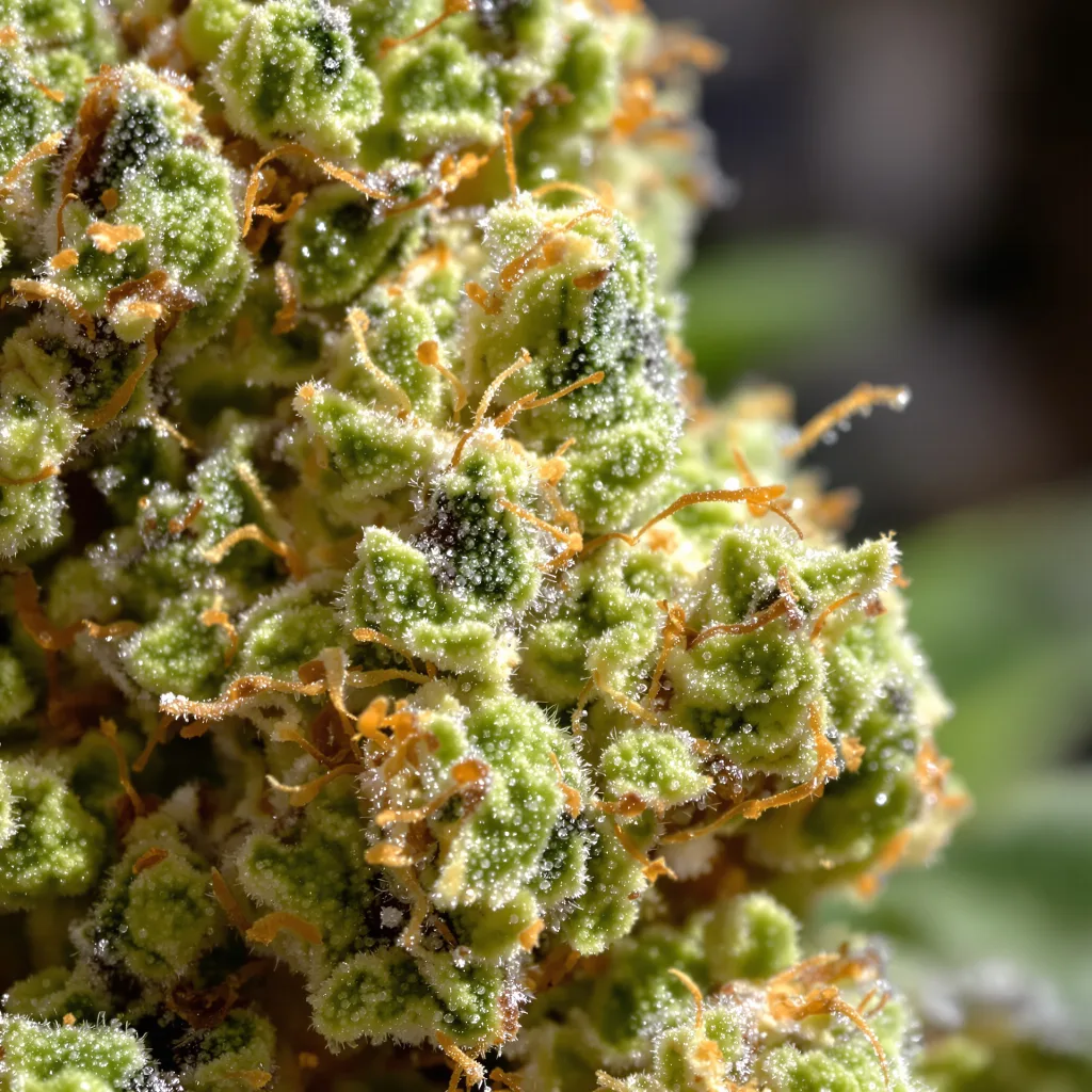 Primer plano de cogollo de cannabis Alaskan Thunder Fuck mostrando estructura aireada verde lima