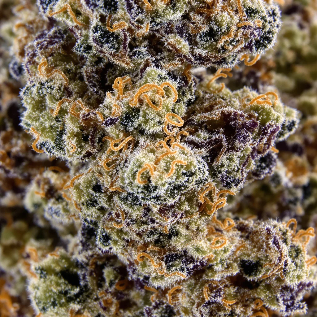 Primer plano de cogollo de cannabis Alien Bubba mostrando cálices densos con tonos morados