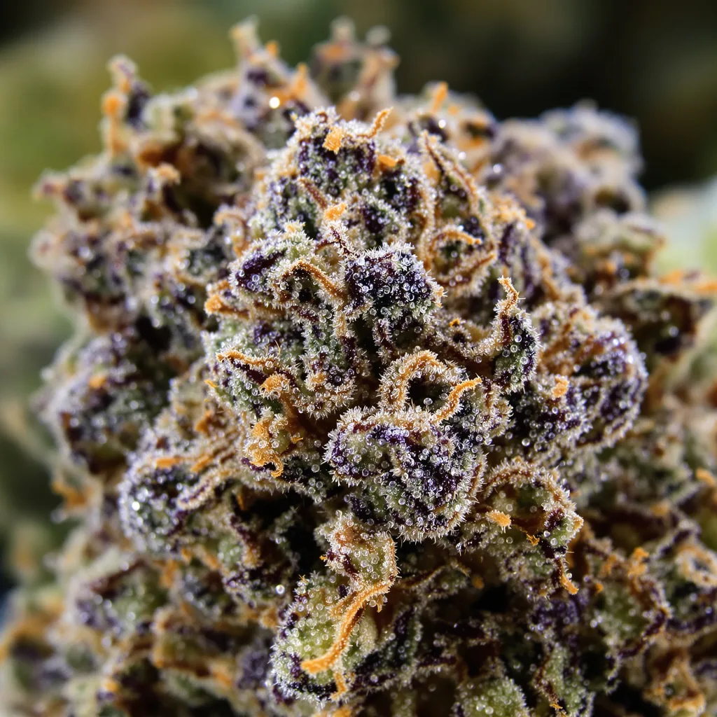 Primer plano de cogollo de cannabis Alien Bubba mostrando cálices densos con tonos morados