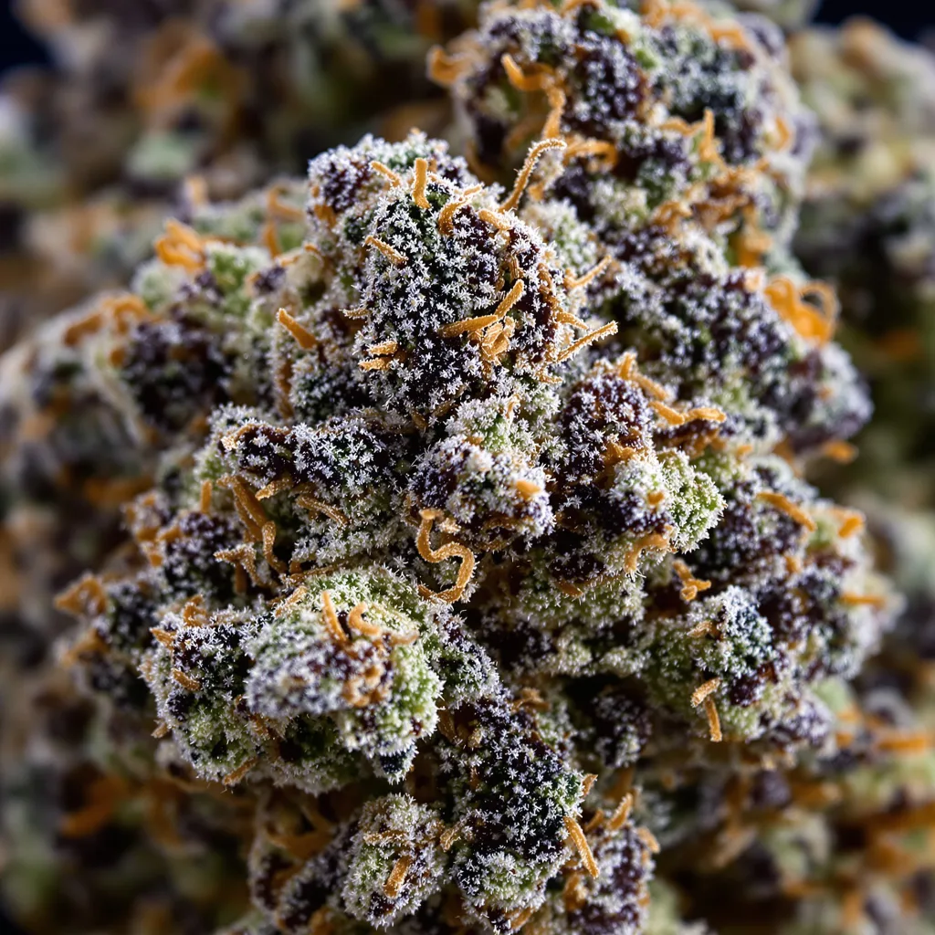 Primer plano de cogollo de cannabis Alien Dawg mostrando cálices densos con tonos morados