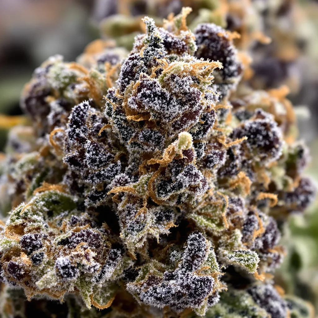 Primer plano de cogollo de cannabis Alien Gorilla Glue mostrando cálices densos con tonos morados