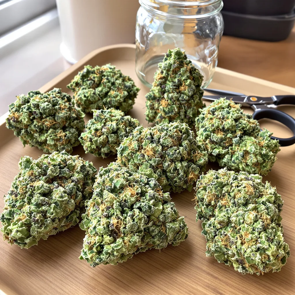Alien Kush 52% indica / 48% sativa — flor con tricomas visibles