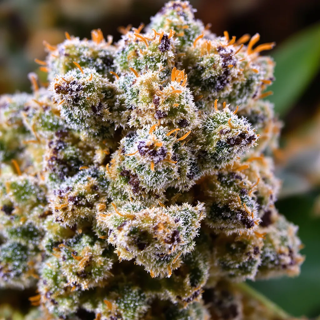 Primer plano de cogollo de cannabis Alien Kush mostrando estructura equilibrada con tricomas escarchados