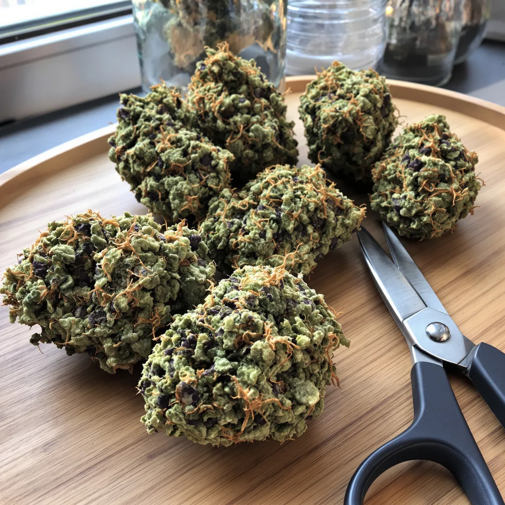 Alien Kush 52% indica / 48% sativa — flor con tricomas visibles