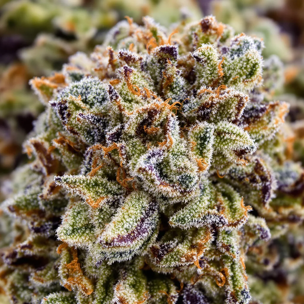 Primer plano de cogollo de cannabis Alien Kush mostrando estructura equilibrada con tricomas escarchados