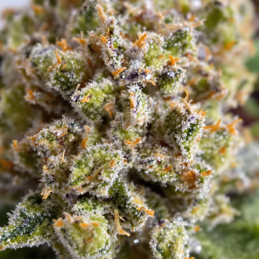 Primer plano de cogollo de cannabis Alien Reunion mostrando estructura equilibrada con tricomas escarchados