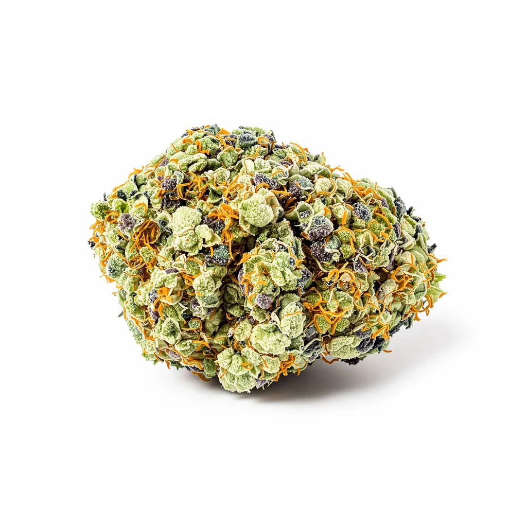 Alien Reunion 49% indica / 51% sativa — flor con tricomas visibles