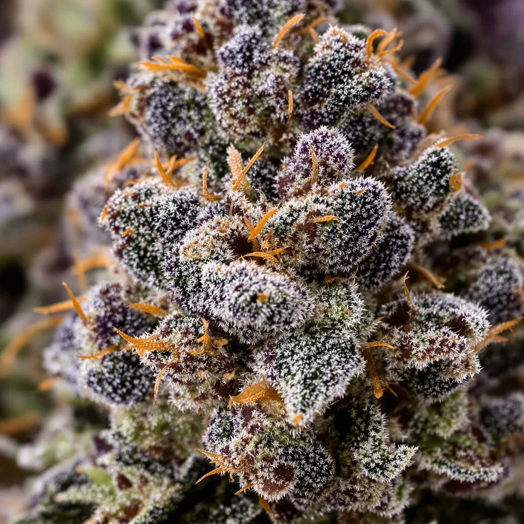 Primer plano de cogollo de cannabis Alien Rift mostrando cálices densos con tonos morados