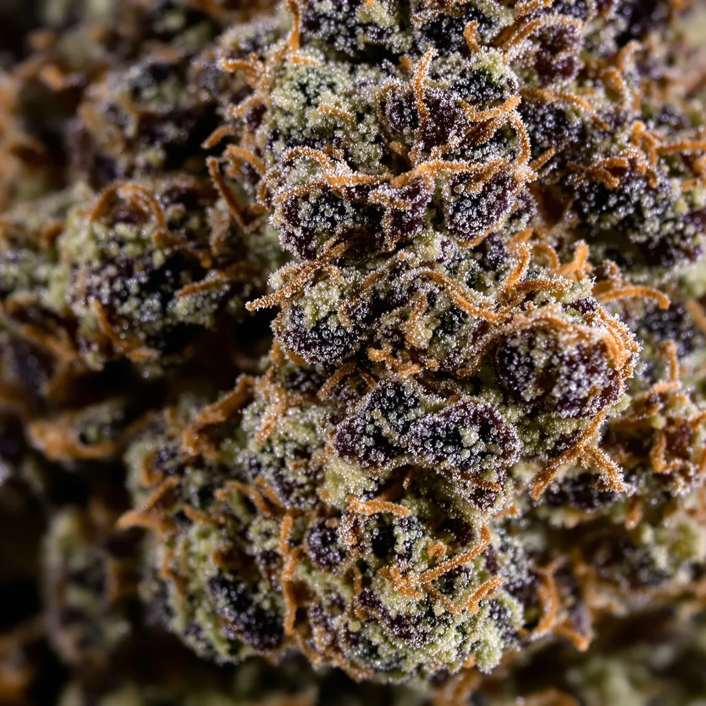 Primer plano de cogollo de cannabis Alien Rift mostrando cálices densos con tonos morados