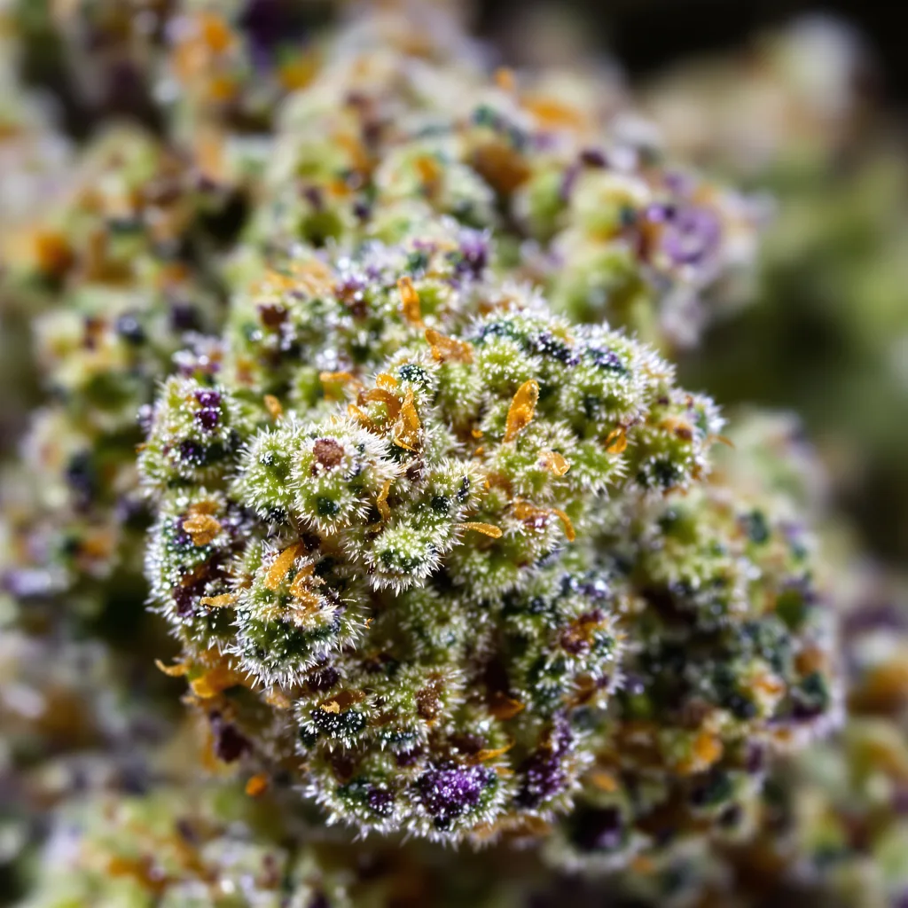 Primer plano de cogollo de cannabis Alien Rock Candy mostrando estructura equilibrada con tricomas escarchados