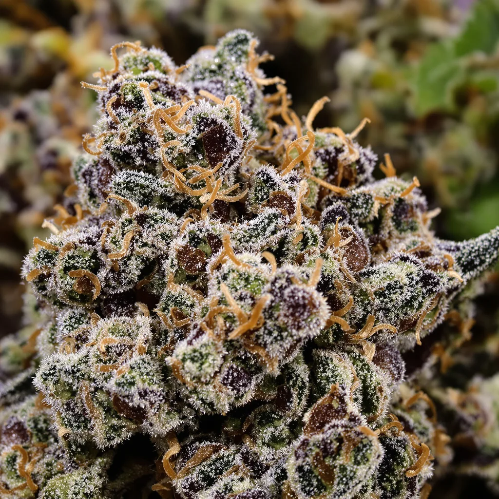 Primer plano de cogollo de cannabis Aliens On Moonshine mostrando cálices densos con tonos morados