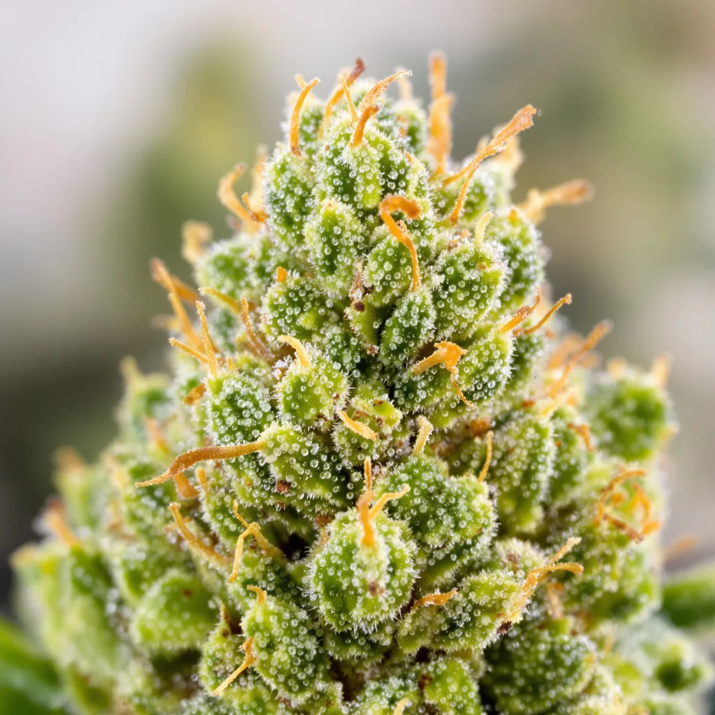 Primer plano de cogollo de cannabis Allen Wrench mostrando estructura aireada verde lima