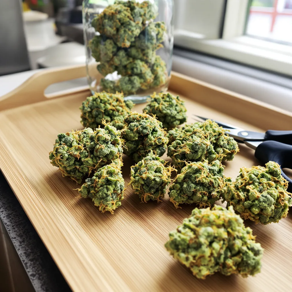Alpha Blue 24% indica / 76% sativa — flor con tricomas visibles