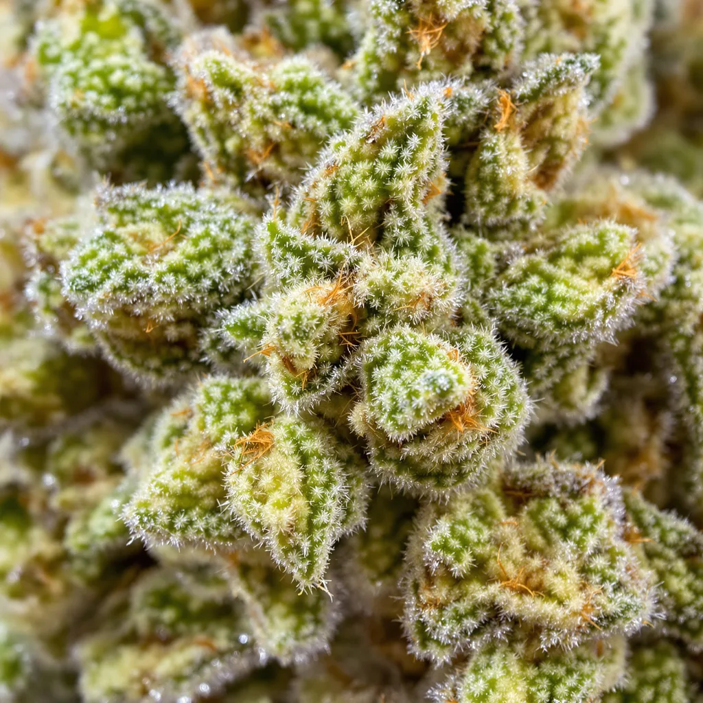 Primer plano de cogollo de cannabis Alpha Blue mostrando estructura aireada verde lima