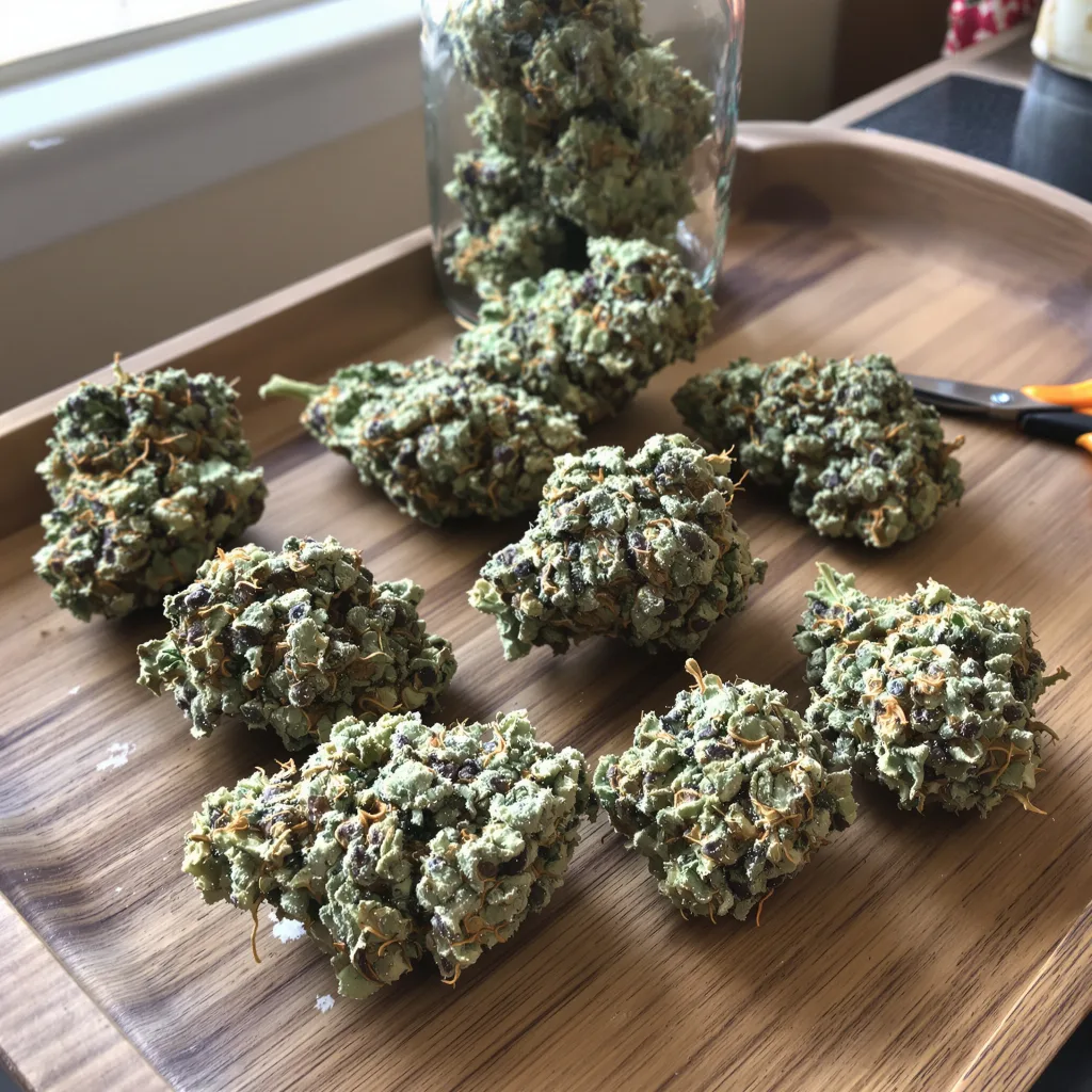 Alpine Blue 49% indica / 51% sativa — flor con tricomas visibles