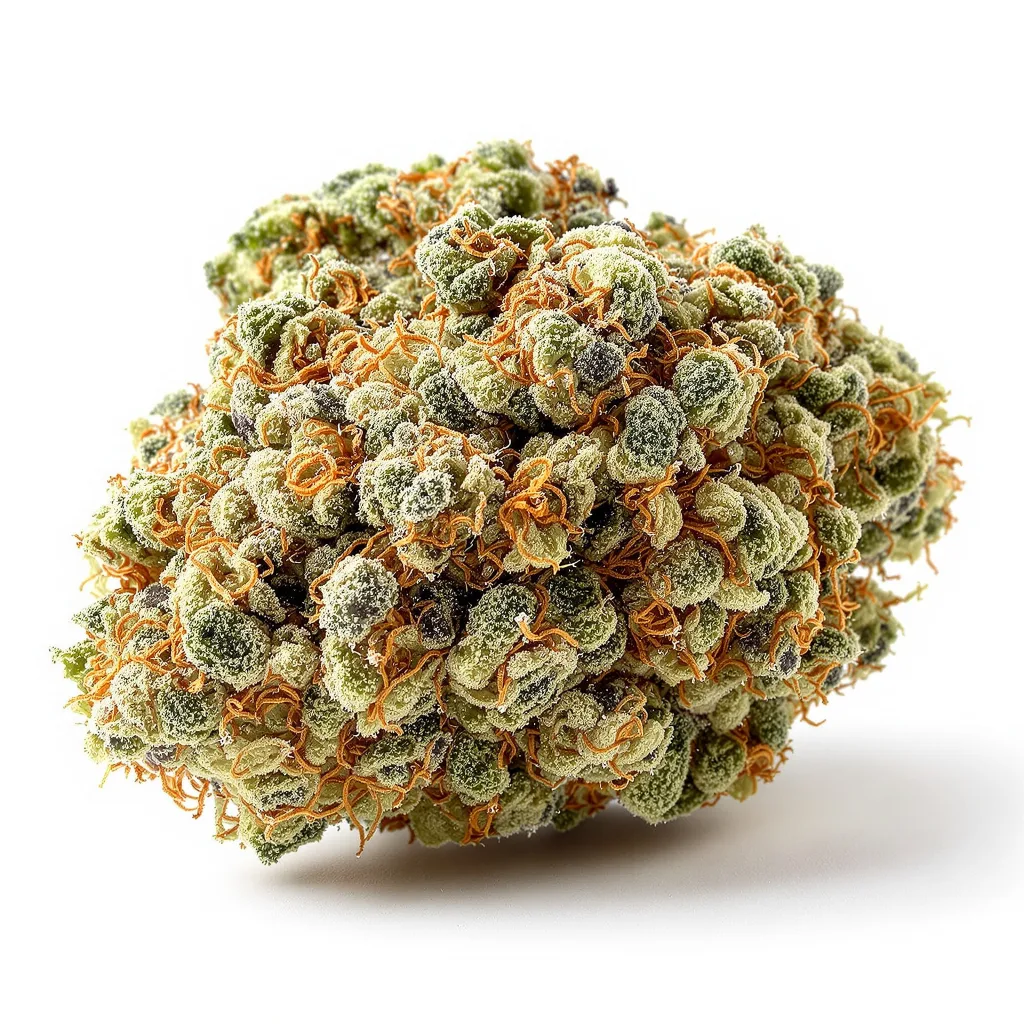 Alpine Blue 49% indica / 51% sativa — flor con tricomas visibles