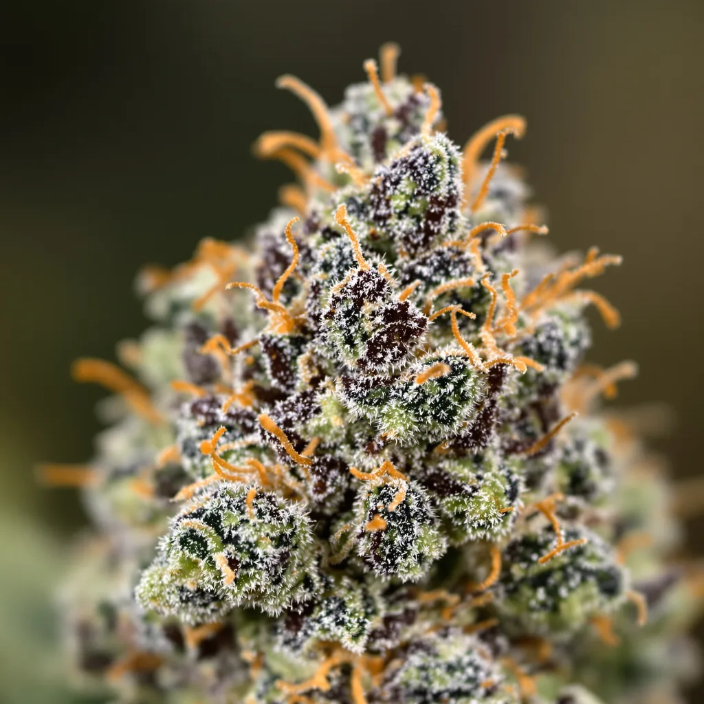 Primer plano de cogollo de cannabis Alpine Star mostrando cálices densos con tonos morados