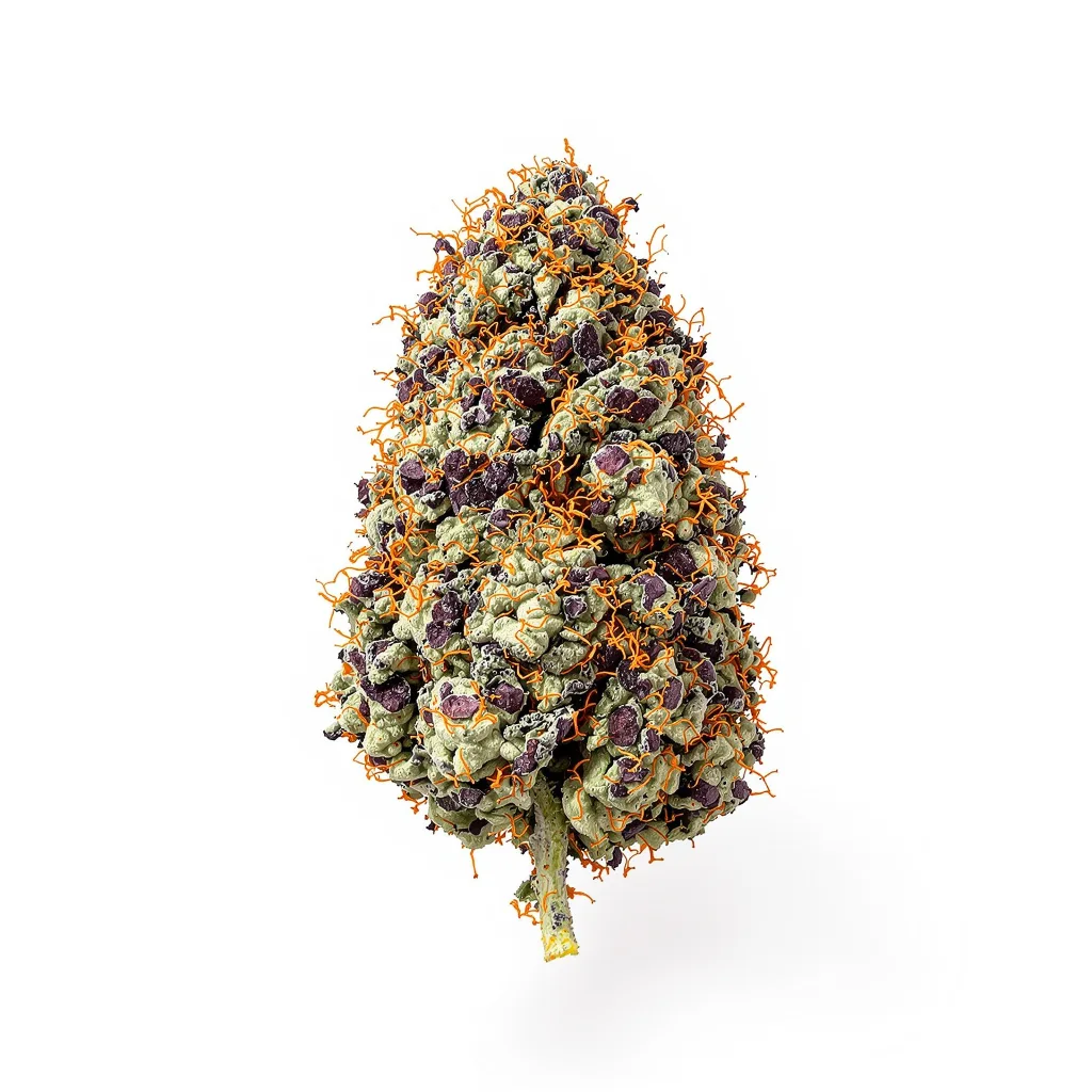 Amazonian 77% indica / 23% sativa — flor con tricomas visibles