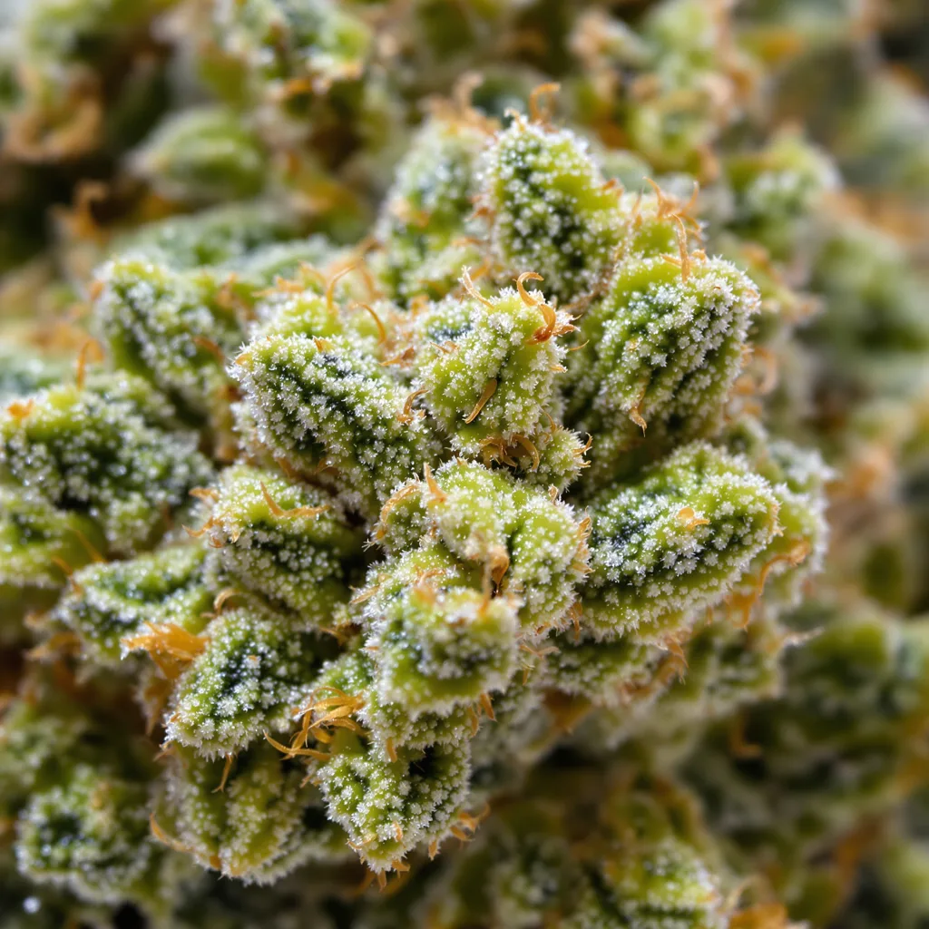 Primer plano de cogollo de cannabis Ambrosia mostrando estructura aireada verde lima