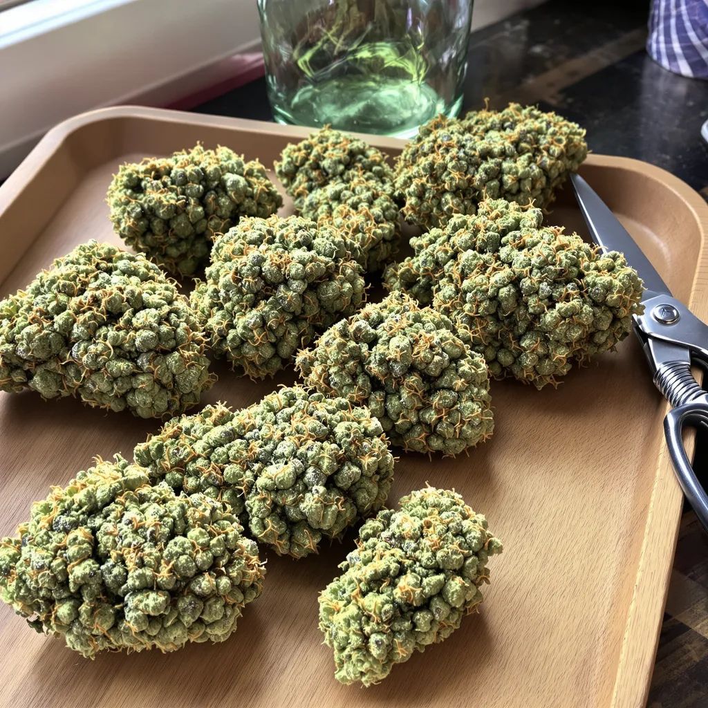 American Haze 16% indica / 84% sativa — flor con tricomas visibles