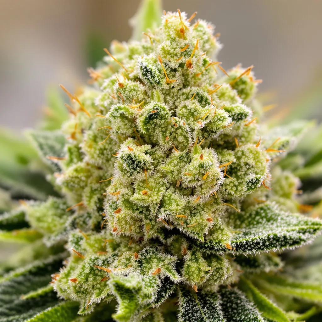 Primer plano de cogollo de cannabis American Haze mostrando estructura aireada verde lima