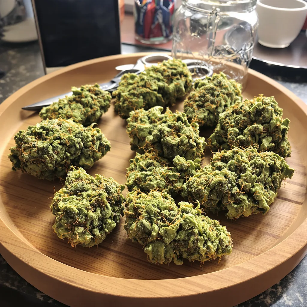 American Haze 16% indica / 84% sativa — flor con tricomas visibles
