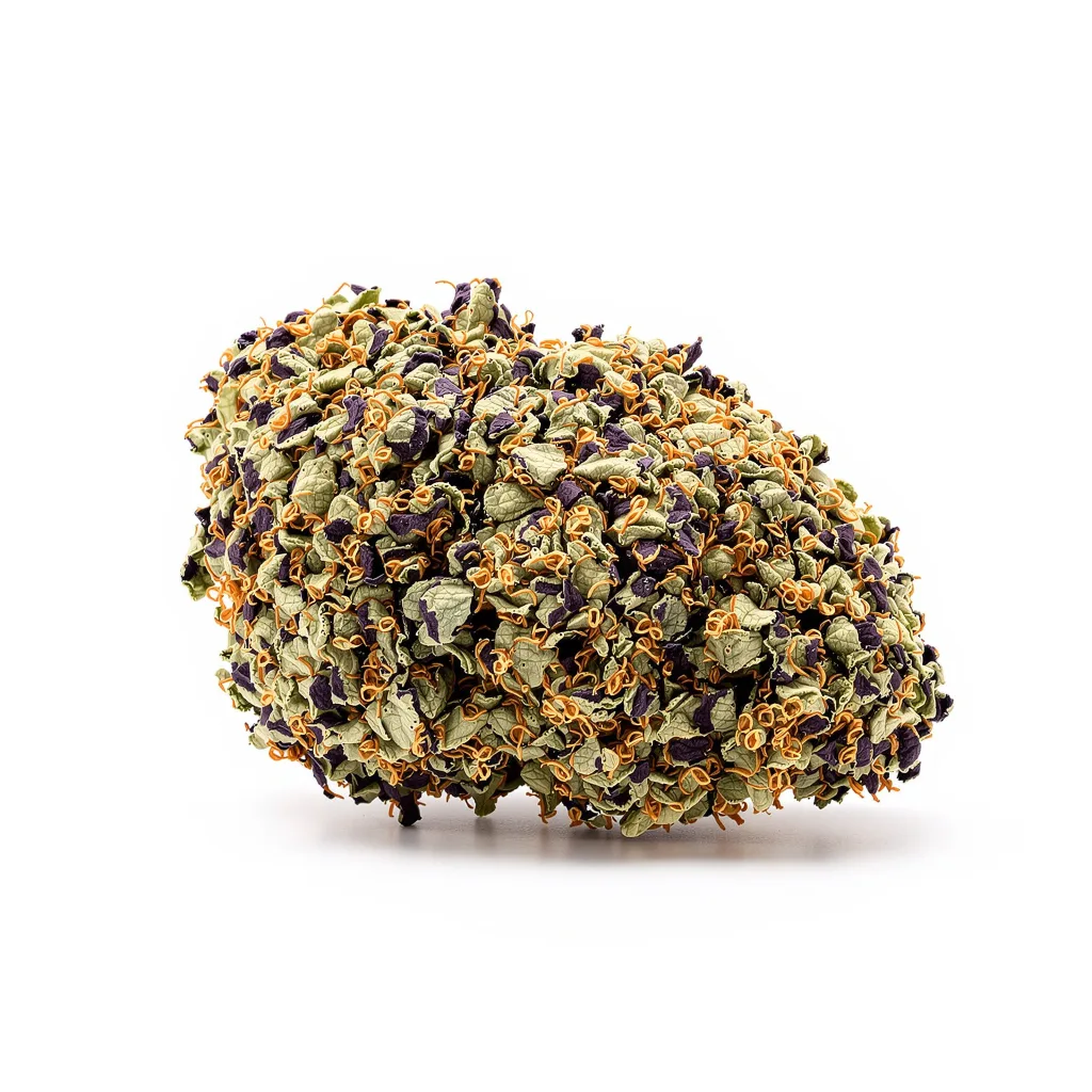 American Kush 76% indica / 24% sativa — flor con tricomas visibles
